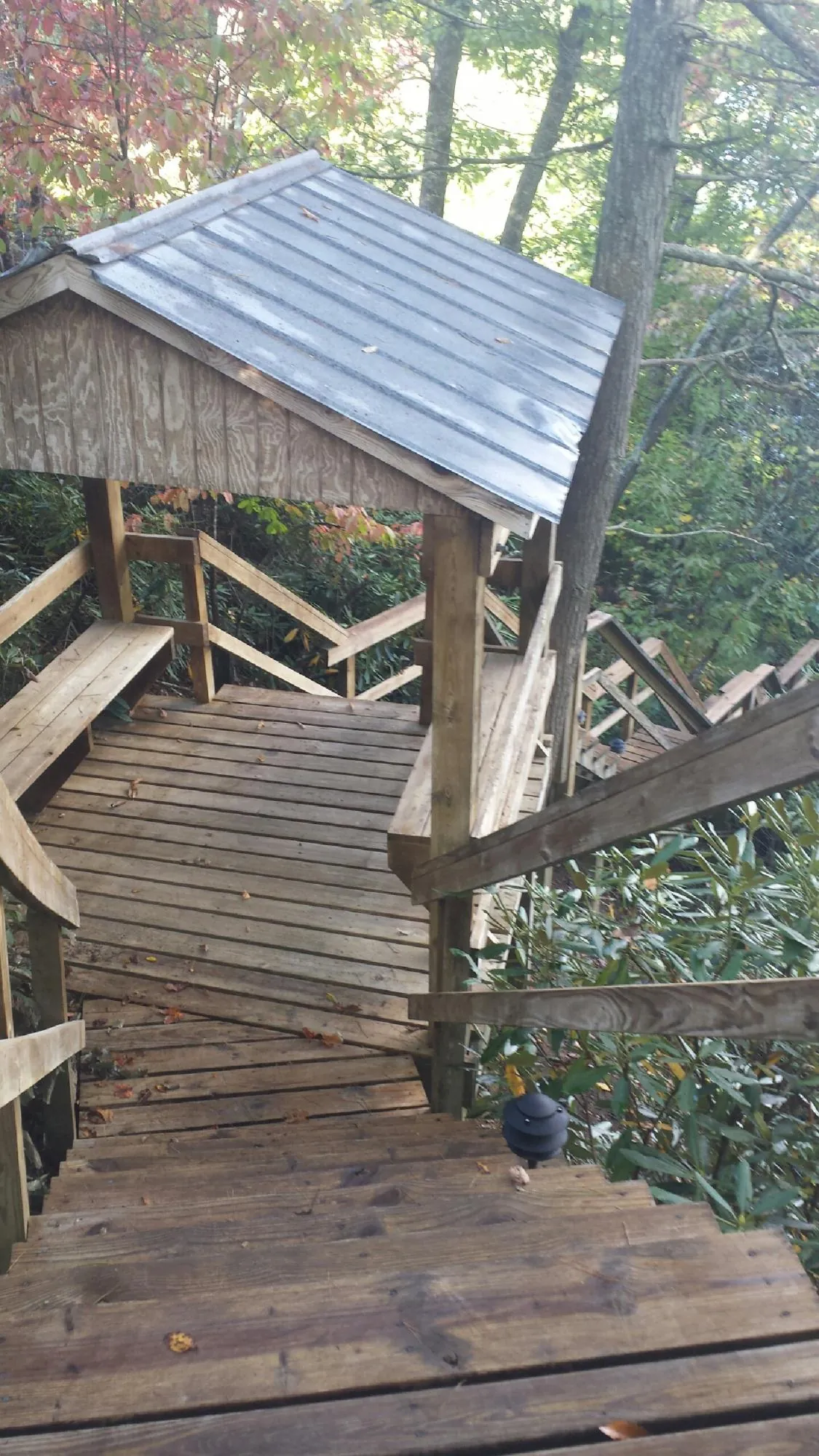Metal roofed shelter over wooden steps on a wooded walkway — Skylight Repair & Installation work by our crew in Jones